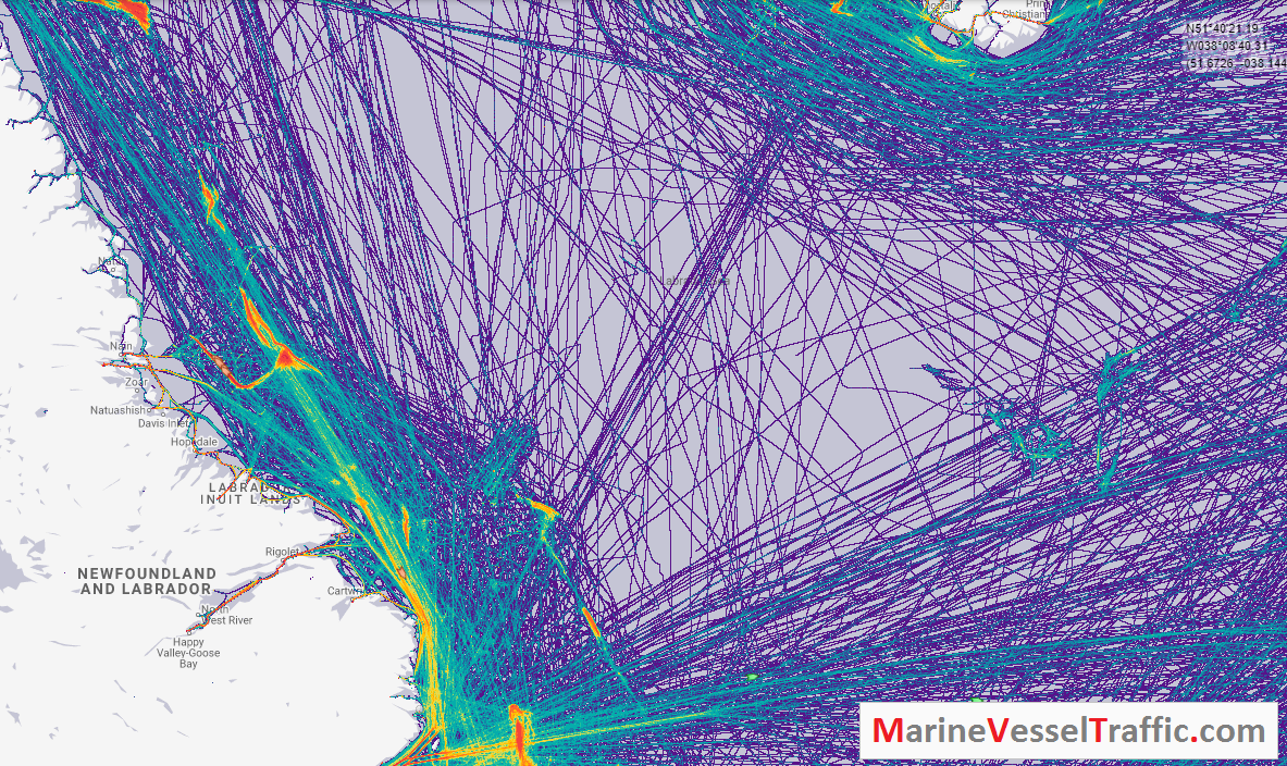 Live Marine Traffic, Density Map and Current Position of ships in LABRADOR SEA